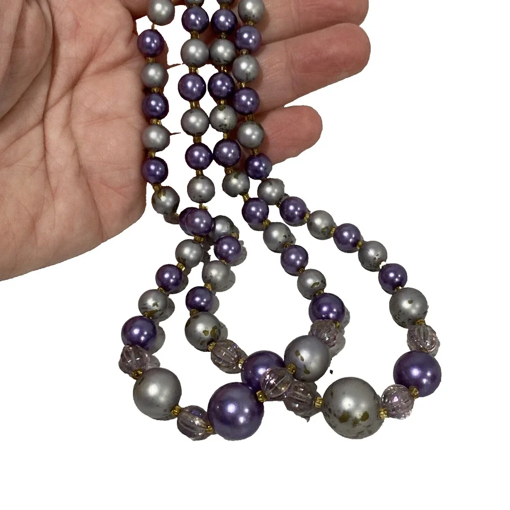 Vintage Mid Century Two Strand Choker Necklace Purple Gray Beaded Signed Japan